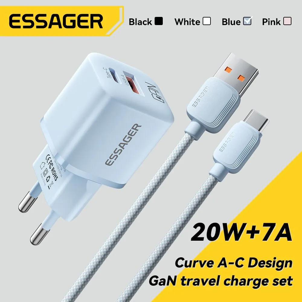 מטען מהיר Essager 20W GaN – יציאת Type-C ו-USB