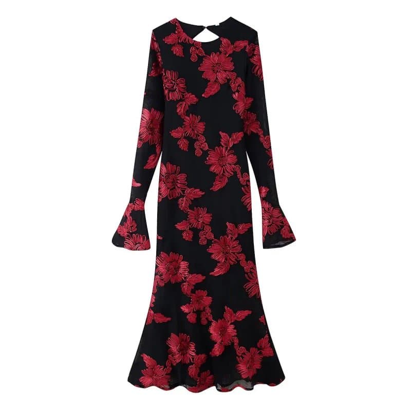 שמלת שרוול ארוך עם רקמה ג'קארד בצורת מותן צר וצוואר עגול לנשים בסגנון צרפתי