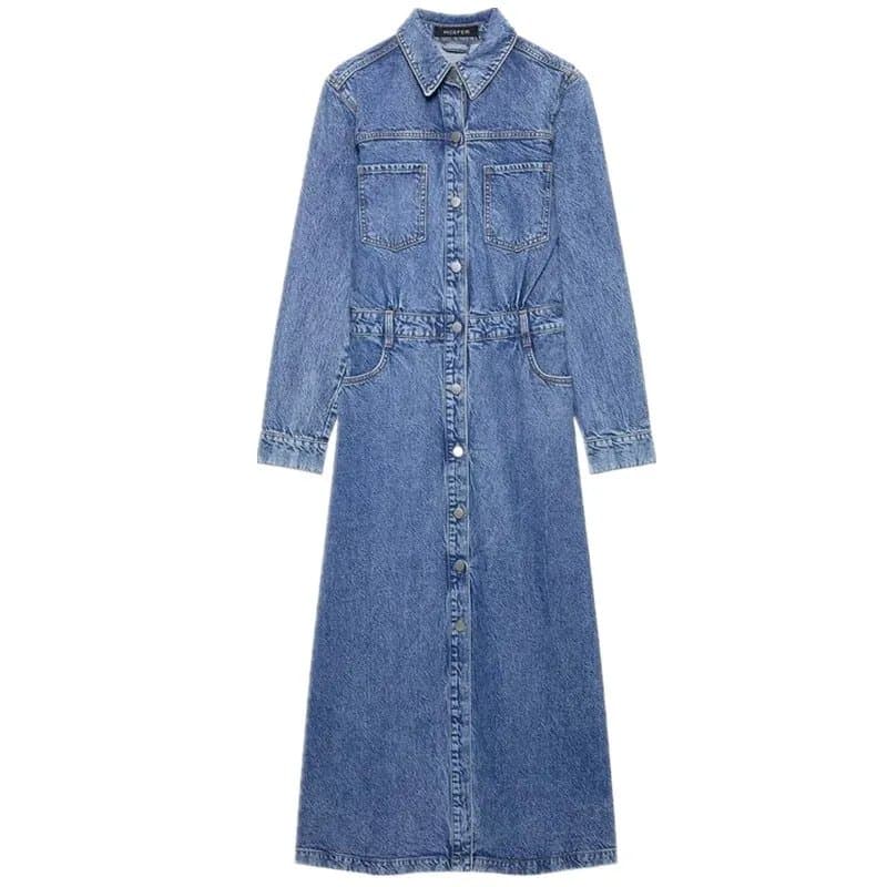 שמלת ג'ינס ארוכה עם צווארון גבוה לנשים