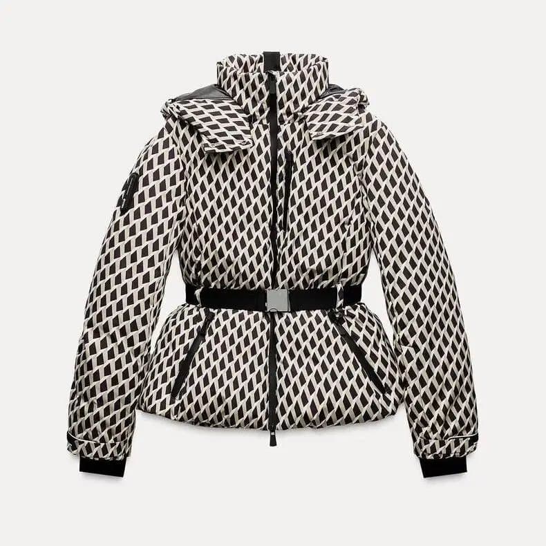 מעיל סקי חם מכותנה עם צווארון, חגורה, שרוולים ארוכים, סגירת רוכסן -5 צבעים