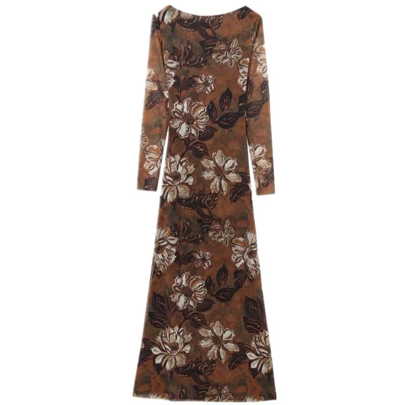 שמלת רשת משי מודפסת עם שרוול ארוך, בגזרה מחטבת מותן, אלגנטית ואופנתית לנשים, לסתיו-חורף.