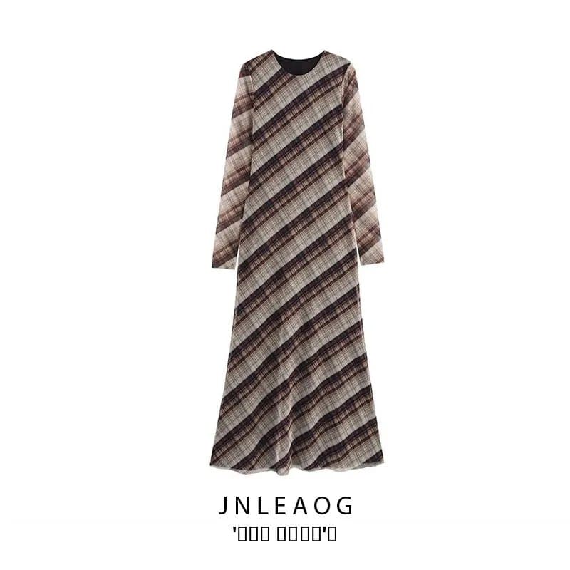 שמלת רשת משי משובצת בסגנון וינטג' חדש לסתיו של JNLEAOG, צמודה, צווארון עגול, שרוולים ארוכים, שמלת חצאית בגזרה A קז'ואל