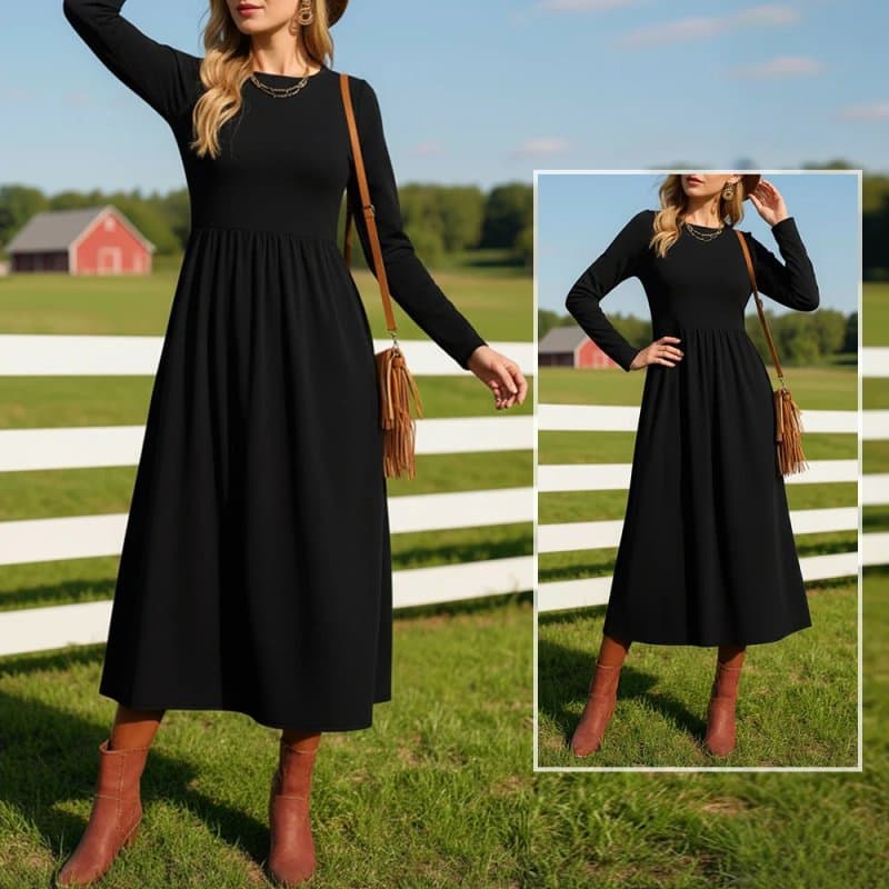 שמלה בצבע שחור עם שרוולים ארוכים ופסים